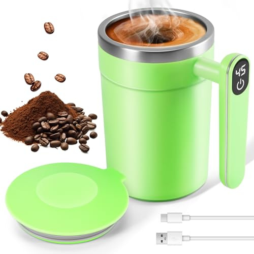 Viitech Taza de café autoagitadora, 400 ml, de acero inoxidable, automática, magnética, con indicador de temperatura, recargable por USB, taza autoagitable para café, leche caliente (Verde)