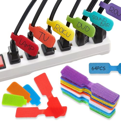 64 Pcs Multi-Color Reusable Cable Labels, Write On Waterproof Cable Tags, Hook and Loop Fastener, Self Adhesive Cabl Markers, Tags Stickers, for Cord Management and Identification