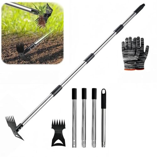 jiejack Ogrässkärare, ogräsborttagare, 148 cm ogräsfräs hand, 2-i-1 ogräsräka och trädgårdshacka för gård, gräsmatta, terrass och trädgård