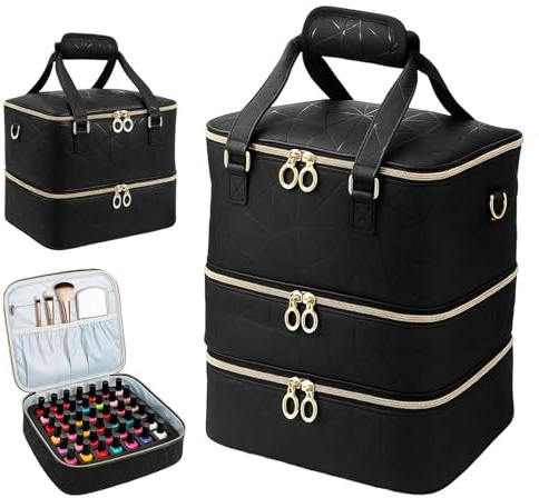 WinHUb Nail Polish Organizer Bag, 3-Tier Large Capacity Nail Storage Case Holds Up to 60 Bottles, PU Leather Manicure Organizer with Shoulder Strap for Nail Lamp & Nail Tech Supplie