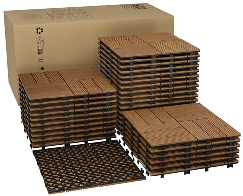 Aptliton High-Quality Acacia Wood Interlinked Deck Tiles – 33 Pack, 11.8 x 11.8, Weather-Resistant, Non-Slip, Waterproof Outdoor & Indoor Patio Flooring