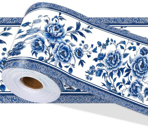 PRESSINART Borde de Papel Tapiz Floral Azul 196.9 x 3.9 pulgada Estilos de Flores ChinescasCalcomanías de Borde de Pared Desprendibles Y Decorativas Recortadas En Adhesivo para Decoración de HogarOfic