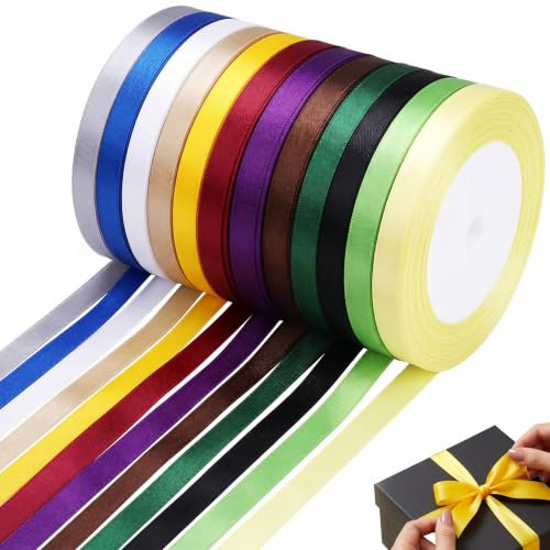 CleaZeny 12 Roll Multicolor Satin Ribbon Set, 10mm x 264m for Gift Crafts | 12 Vibrant Rolls (10mm x 22m each, 264m Total). Silky, Durable Premium Polyester; Edeal for Crafts, Floristry & Gift Wrap