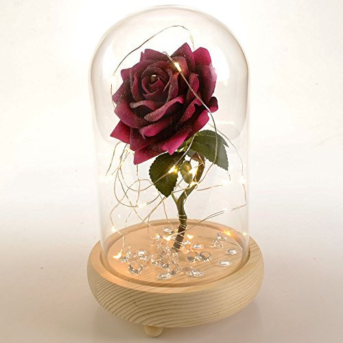 Magical Pink Handmade Enchanted Rose in Glass Dome Bell Jar with LED Lights