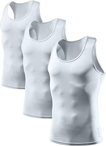 ATHLIO Men's Cool Dry Compression Sleeveless Tank Top, Sports Running Basketball Workout Base Layer, 3pack Tank Top White/White/White, X-Large