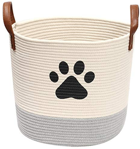 Xbopetda Round Cotton Rope Storage Basket, Dog Toys Storage Bins with Leather Handle, Laundry Basket Toy Storage Organizer (Beige/Grey)
