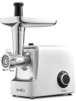 SIMÉO - Hachoir à Viande Compact RHM310-3 Grilles Inox (3, 4.5, 7 mm x ∅50 mm), Kits à Saucisses et Kebbés - Moteur 2 Vitesses, 2.5kg/mn - 13x24x31,5 cm - Blanc