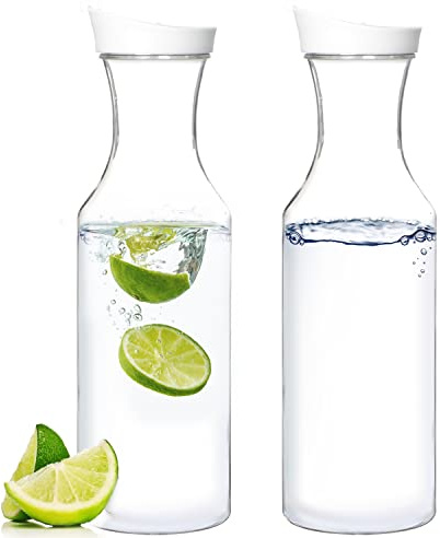 Youngever 2 Pack 50 Ounce Plastic Carafe, 1500ML Re-usable Clear Water Pitcher, Beverage Containers with Lids