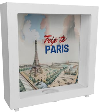 Trip to Paris Rahmen Spardose aus Holz mit Eiffelturm im Retro Style Paris Weltausstellung Stadt der Liebe Lichterstadt Sparbüchse Geldbüchse Sparschwein Reise Urlaub