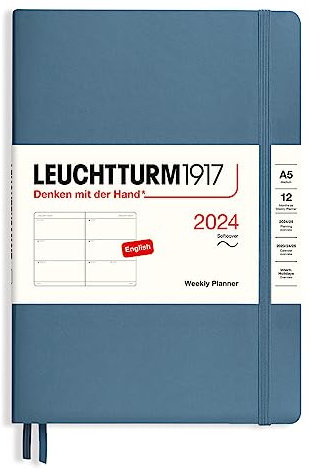 LEUCHTTURM1917 367664 Wochenkalender, Softcover, Medium (A5) 2024, 12 Monate, Stone Blue, Englisch