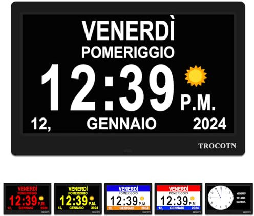 TROCOTN Horloge numérique Grand écran avec Calendrier pour Seniors, icônes Soleil et Lune, Heure d'été Automatique, Mode Nuit avec Gradation, Affichage Multicolore, Facile à Lire (10 Pouces, Noir)