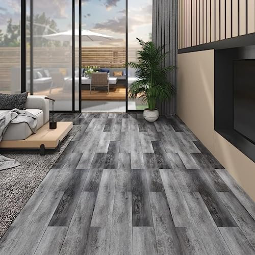 Tidyard PVC Laminat Dielen Selbstklebend Schimmelresistent Antistatisch Flammhemmend Wasserdicht Bodenbelag Vinylboden Fußboden Designboden Dielenboden 5,26 m² 2 mm Glänzend Grau