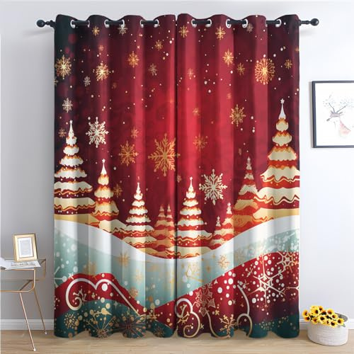 Rideau Occultant Thermiques Arbre de Noël et Flocon de Neige - Lot de 2 Rideaux Imprimé pour Salon Chambre Fenetre Cuisine, Rideaux et Draperies Intérieurs à Oeillets, 75x166 cm (LxH)