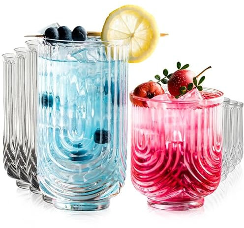 KEMORELA Art Deco Tumblers Set of 8 - U-Shaped Textured Highball & Cocktail Glasses for Whiskey/Iced Coffee, Vintage Drinking Glasses for Beer/Juice/Water，355ml/415ml