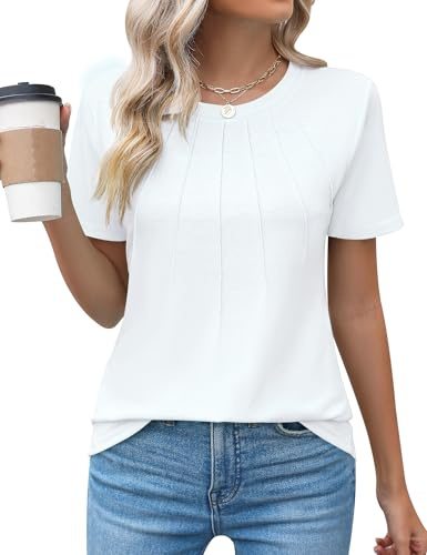Rapbin Womens Casual Crew Neck Short Sleeve Pleated Tops Blouses Fashion Clothes 2026,White,L