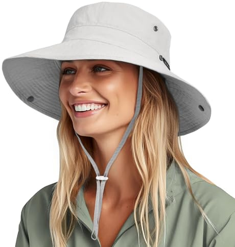 FURTALK Sun Hats for Women Ponytail UPF 80+ Beach Summer Hat Wide Brim Packable Cowboy Hat Light Grey