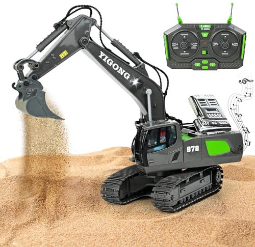 Ulikey Excavatrice Télécommandée pour Enfants, Rechargeable RC Pelleteuse avec Lumière et Effets Sonores, Jouet Digger Rotation à 680°, Pelleteuse Télécommandée Cadeau de Noël Enfant 3-8 Ans (Vert)