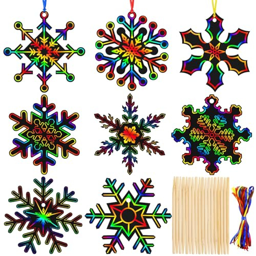 MELLIEX 48 Pezzi Fiocchi di Neve Scratch Art Natale, Set da Grattare Arcobaleno per Bambini con Penne in Legno et Nastri, Carta da Grattare per Natale Artigianato Feste Decorative
