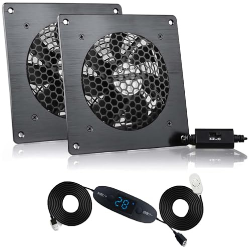 BRIEFCEC Ventilador USB de 120 mm, sistema de ventilación silencioso con control digital de temperatura, ventilador de 5V, set 2 en 1, con marco de aluminio negro para gabinete AV de cine en casa