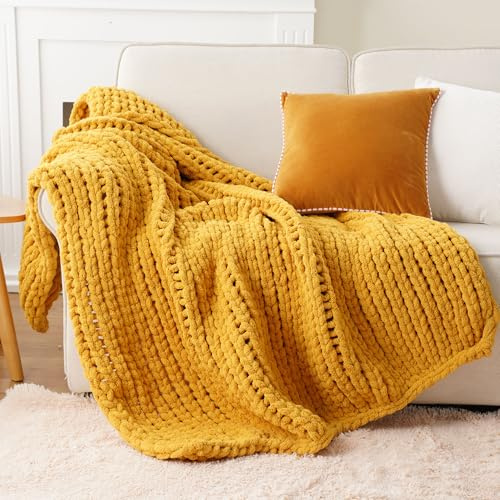 Battilo Chunky Knit Blanket Throw, Soft and Thick Chenille Throw Blanket, 125x150cm Handmade Cable Knit Crochet Blanket, Large Rope Knot Yellow Throw Blankets for Couch Sofa Bed Home Decor, Mustard
