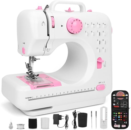 Macchina da cucire per bambini e principianti, set da cucito aggiuntivo, 12 punti, punto indietro a doppia fila con due velocità, automatico avanti e indietro, luce LED, pedale incluso (normale)