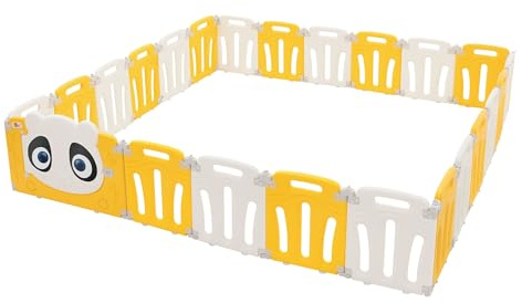 Joyz Parque Infantil 240×240cm Corralito para Bebés Plegable de Plástico Blanco/Amarillo con Diseño Panda Gimnasio de Actividades Interior/Exterior Barrera con Puerta y Reloj de Aprendizaje
