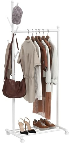 HOMCOM Burro Ropa con Ruedas, Perchero Burro Ropa con 5 Ganchos Barra para Colgar y Balda Inferior Perchero para Recibidor, Entrada, Dormitorio, 68x43x171 cm, Blanco
