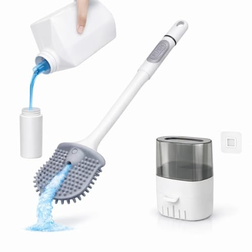 MENZZA® Escobilla de Baño Adhesiva con Dispensador Rellenable de Jabón I cepillos de baño I Escobilla WC de Silicona Suave y Flexible I Accesorio Adhesivo sin Taladro para Baños.