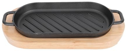BESPORTBLE Poêle à Griller en Fonte Rectangulaire 22X11 CM Profondeur 2 CM Mini Assiette de Steak et Poisson Cuit Plateau en Bois Cuisson Teppanyaki Maison Set 1 Pièce