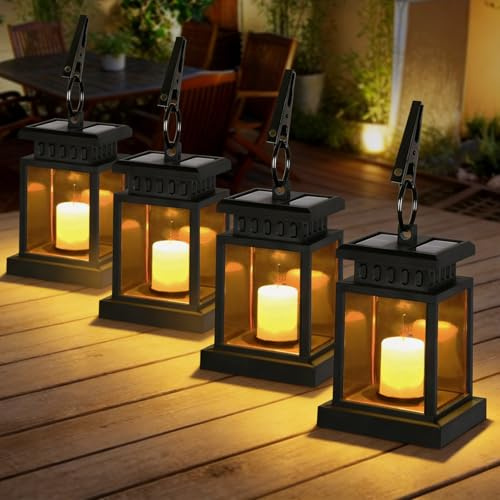 4 lanterne solari per esterni con candela a LED, lanterna solare a LED, per esterni, da appendere, effetto tremolante, lanterna solare a LED con candele, lampade decorative per giardino, terrazza
