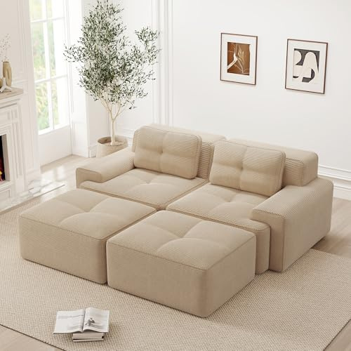 Luckdect Sofá Modular Comprimido 204 cm, Sofá de 2 plazas con 2 pufs y 2 cojines, Cómodo sofá deshuesado de pana, sofá esquina/sofá cama para salón