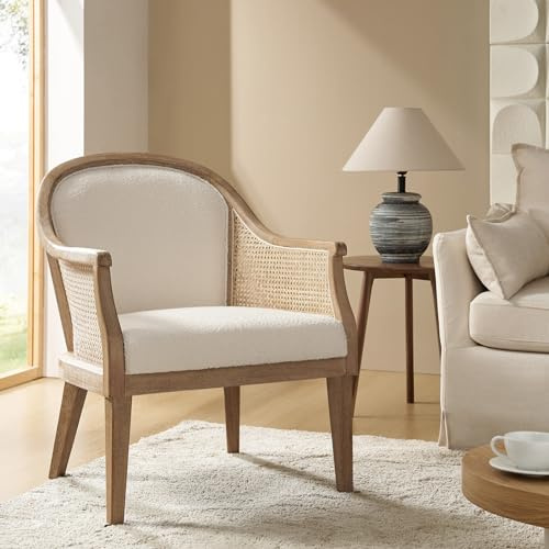 HULALA HOME Farmhouse Rattan Armchair with Solid Wood Frame, Ivory | Barrel Accent Chair with Bouclé Fabric, Solid Wood Arms, High-Density Foam Cushion, Occasional Chair for Living Room