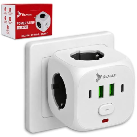 Reagle Grenuttag Kub Utan Kabel med USB C och USB A, Uttagskub, 3 Vägguttag 230V, 4 USB Portar, 2500W 10A, Uttagsadapter med Strömbrytare, Kompakt Strömkub för Hem Kontor Resor, Vit
