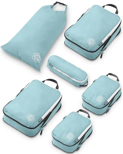 Cubos de embalaje de compresión para viajes, organizador de equipaje y mochila, cubos de embalaje para ropa (verde azulado y blanco, 6 piezas), verde azulado polvoriento y blanco, 6 piezas