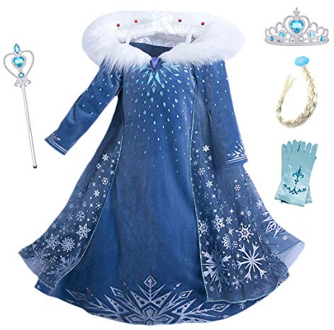 YOSICIL Vestido Largo Elsacasi con Capa Disfraz de Princesa Invierno Niñas Manga Larga Nieve Traje de Fiesta Costume Princesa Anna para Regalo Cumpleaños Boda 3-10Años,Azul 130