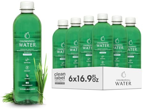 Chlorophyll Water (6-pack) Certified Clean Label, Chlorophyll Liquid Drops in Purified Water, Beauty Drink for Glowing Skin, Anti-Aging & Natural Detox with Plant-Based Vitamins A, B12, C, D3 (16.9oz)