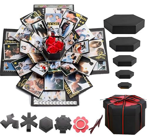 DXIA Explosion Box, Scrapbook Creative DIY Photo Album, Scatola Nera con Esplosione, Regalo Fai da Te, Album di Foto per Compleanni, Matrimonio, San Valentino, Festa della Mamma, Natale