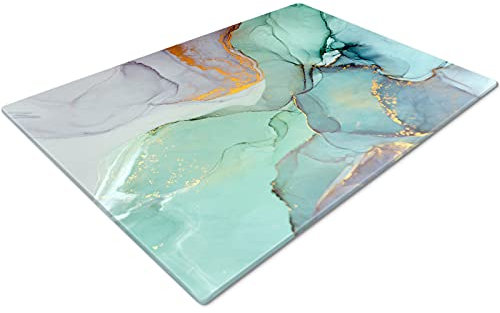 Glass Chopping Board | Non Slip Worktop Saver | Small Marble Effect Teal White Gold
