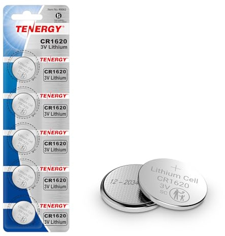 Tenergy CR1620 3V Lithium Button Cell Battery, for Car Keys, Watches, Calculators, Remote Controls, 5 Count