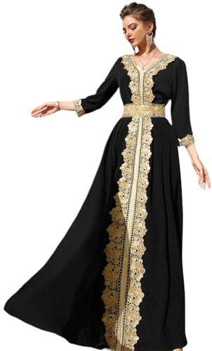 Odizli Vestido largo para mujer árabe de Dubai, elegante de manga larga con escote en V, flores, encaje, bordado, strass, vestido de noche musulmán, Negro , M