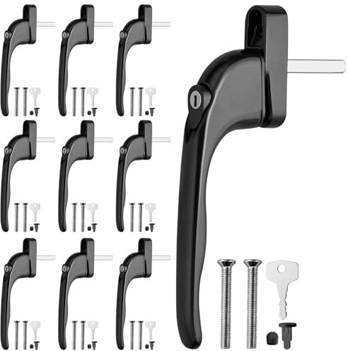 GETLITOOL 10 PCS Lockable Window Handle Black, Universal Window Handle 43mm Spindle, Inline Espag UPVC Window Handles Locking Double Glazing and Childproof Windows with Key