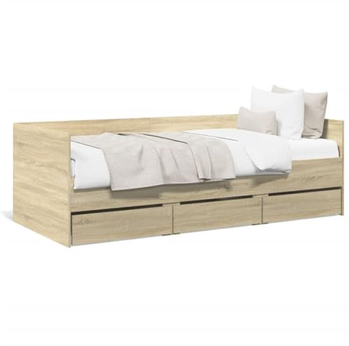 Faroom Tagesbett mit Stauraum, Schlafcouch mit 3 Schubladen und Lattenrost, Tagesbett Holz,Einzelbett 100 x 200 cm, Funktionsbett Stauraumbett mit Rückenlehne, Jugendbett Kinderbett Sonoma Eiche