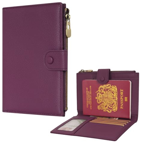 WASON Leather Passport Cover Travel Wallet RFID Blocking – Passport Holder Slot with Zipper Pocket for lD, Boarding Pass,Ticket, Cash, SD Card, Travel Essentials for Men and Women (Purple)