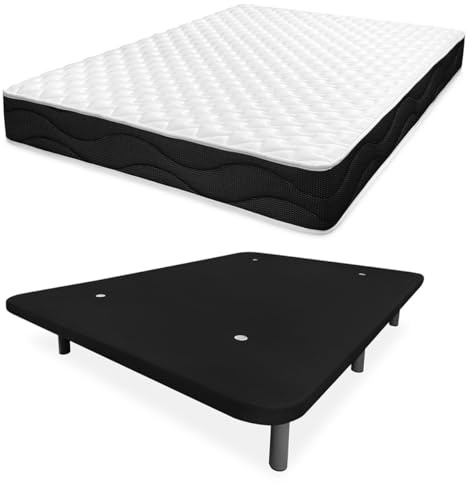 amuéblate online - Cama Completa con Colchón Venus Reversible + Base Tapizada Extra Reforzada con 6 Patas Cilíndricas Metálicas Roscadas, 105 x 190, Negro