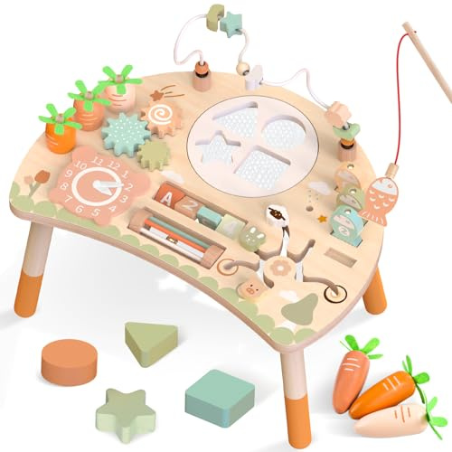 Hewaurorion Mesa de Actividades Bebe de Madera, 9 en 1 Juguetes Sensorial Montessori con Laberinto de Cuentas, Juego de Pesca, Juguetes Niños, Regalos Cumpleaños Navidad (Color Natural)