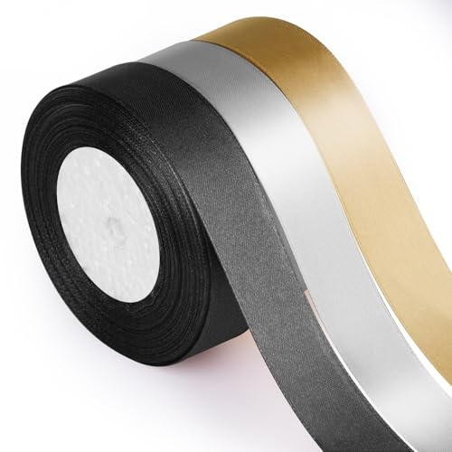 ASTARON Black Gold 1 Inch Satin Ribbon for Gift Wrapping Bouquet Crafts | Solid Color Satin Ribbon，Valentine's Day Gift Bows，Silk Ribbon for Party Decor，Valentines Bouquet Ribbon，Hair Bows Crafts