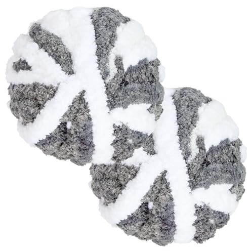 2 gomitoli di lana grossa, 250 g, 2 cm, per lavori a maglia e all'uncinetto, soffice e morbida, per fai da te, coperte, sciarpe, cappelli, tappeti, borse, cappelli, cuscini (grigio bianco)