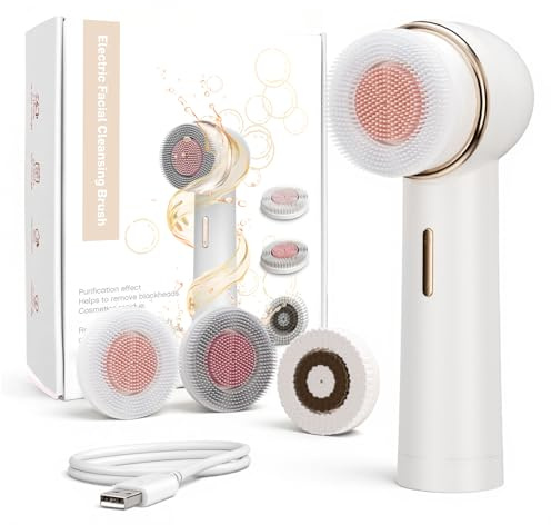 MOXYOY Dual Rotating Facial Cleansing Brush, Teen Girls Electric Face Scrubber, Rechargeable Waterproof Face Brush for Deep Cleaning/Tighten Skin, with 3 Interchangeable Heads, Perfect Skincare Gifts