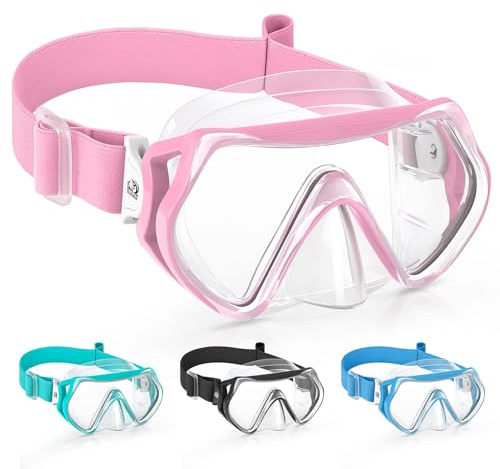 Findway Taucherbrille Kinder mit Stoffband,Schnorchelmaske Kinder Schwimmbrille für Jungen Mädchen,Anti Nebel Anti-Leck 180°Panorama HD Tauchmaske mit Nasenabdeckung,für 6-16 Jahre,D1-Rosenrosa