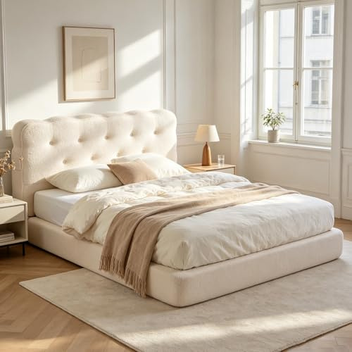 Lit Double Rembourré 160x200 cm sans Montage, Structure Intégrale en Éponge Haute Densité, Revêtement Sherpa Effet Laine d’Agneau Beige, Expansion Progressive Sécurisée, Style Cocooning Moderne